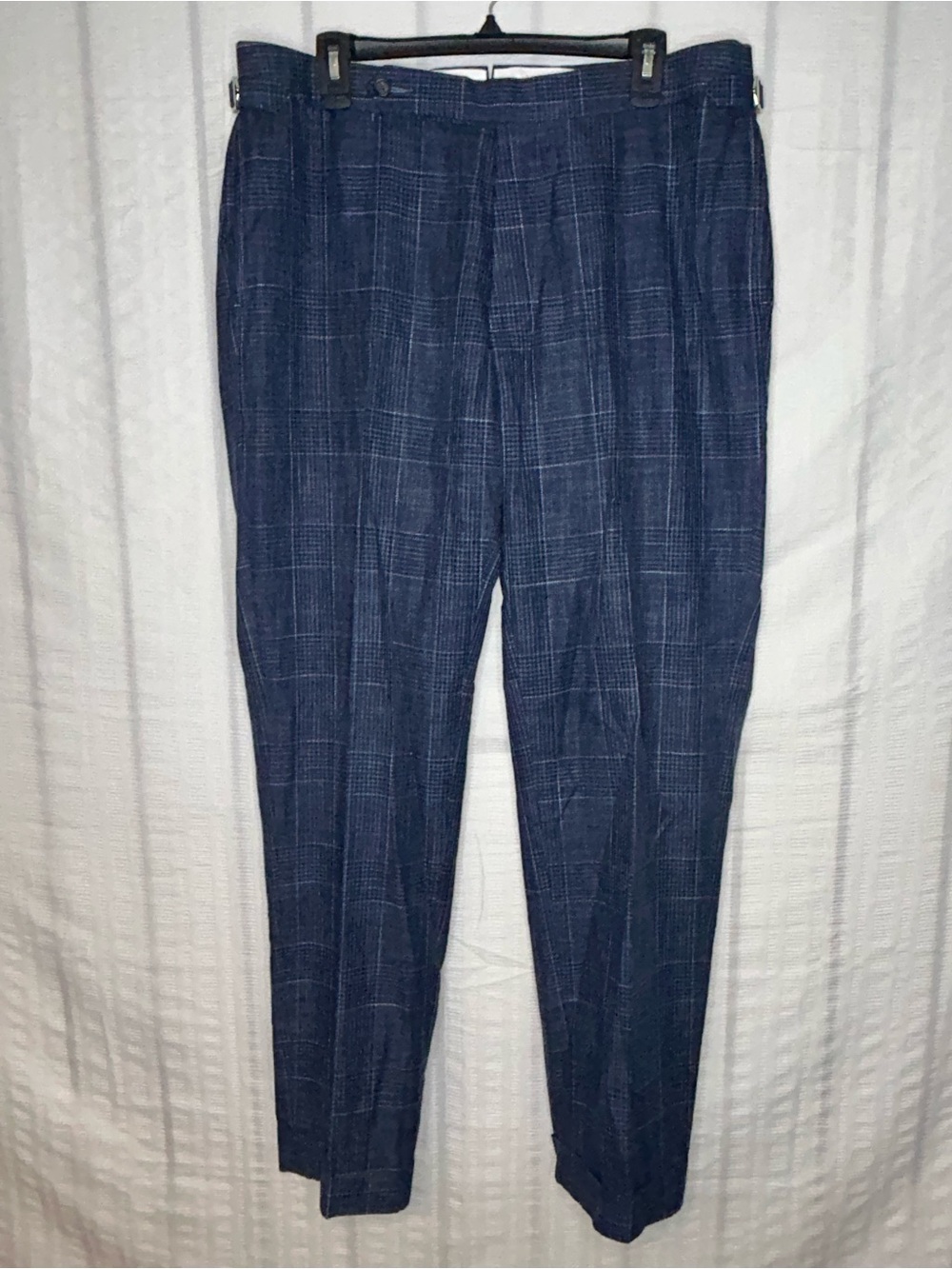 Proper Cloth Bespoke Glen Plaid Blue Trousers Men’s 36x33 Wool Blend Button Fly